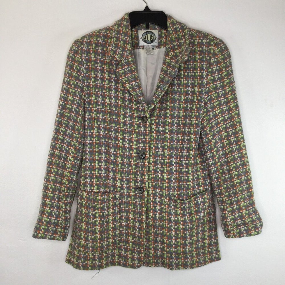 Silks Blazer Women Medium Multicolor Silk Wool Blend Pocket Button-Up Tweed